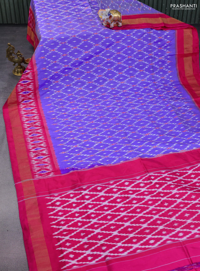 Pochampally silk saree blue shade and pink with allover ikat weaves and zari woven ikat border