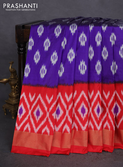 Pochampally silk saree blue and red with allover ikat butta weaves and ikat woven zari border