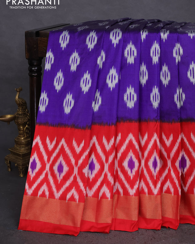Pochampally silk saree blue and red with allover ikat butta weaves and ikat woven zari border