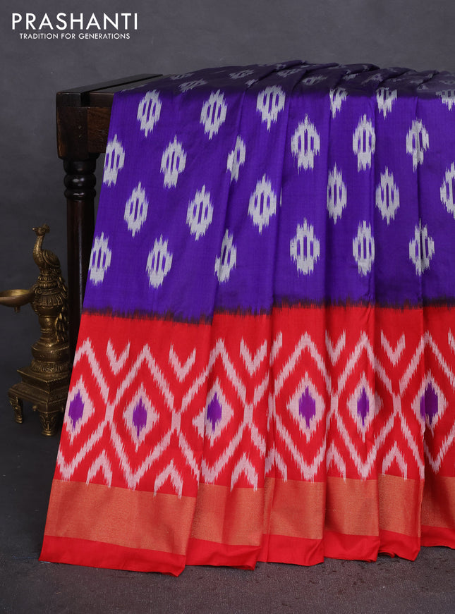 Pochampally silk saree blue and red with allover ikat butta weaves and ikat woven zari border