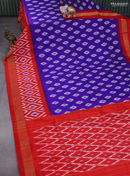Pochampally silk saree blue and red with allover ikat butta weaves and ikat woven zari border