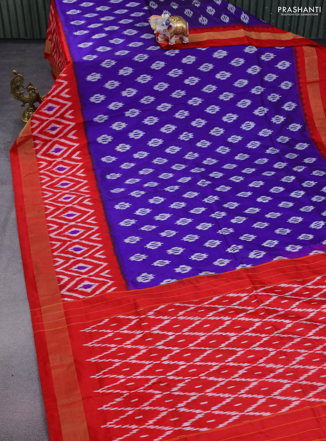 Pochampally silk saree blue and red with allover ikat butta weaves and ikat woven zari border