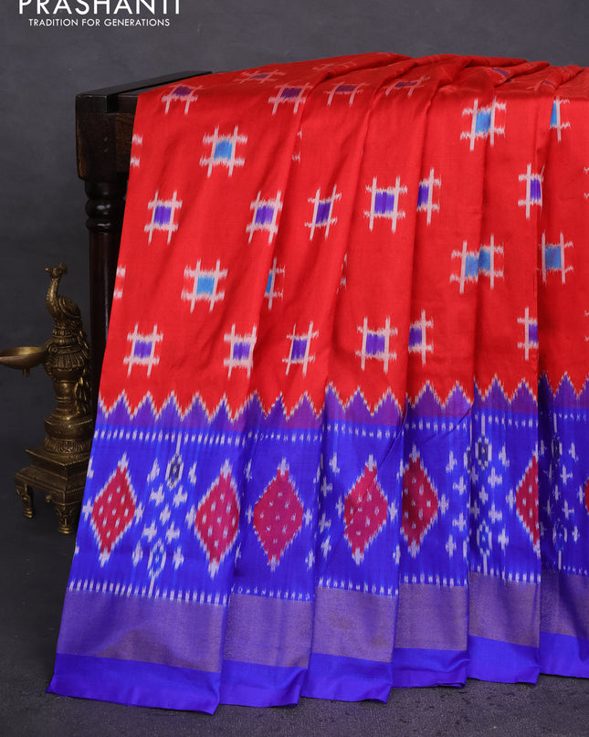 Pochampally silk saree red and blue with allover ikat butta weaves and ikat woven zari border