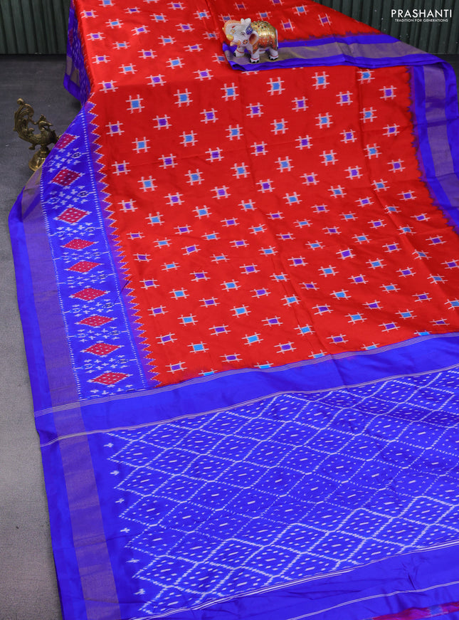 Pochampally silk saree red and blue with allover ikat butta weaves and ikat woven zari border