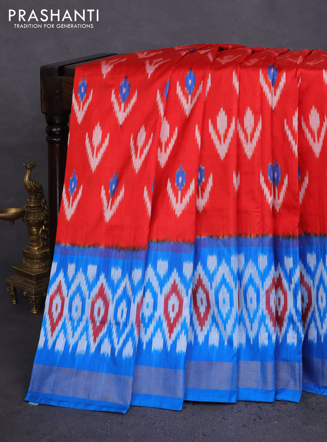 Pochampally silk saree red and cs blue with allover ikat butta weaves and ikat woven zari border