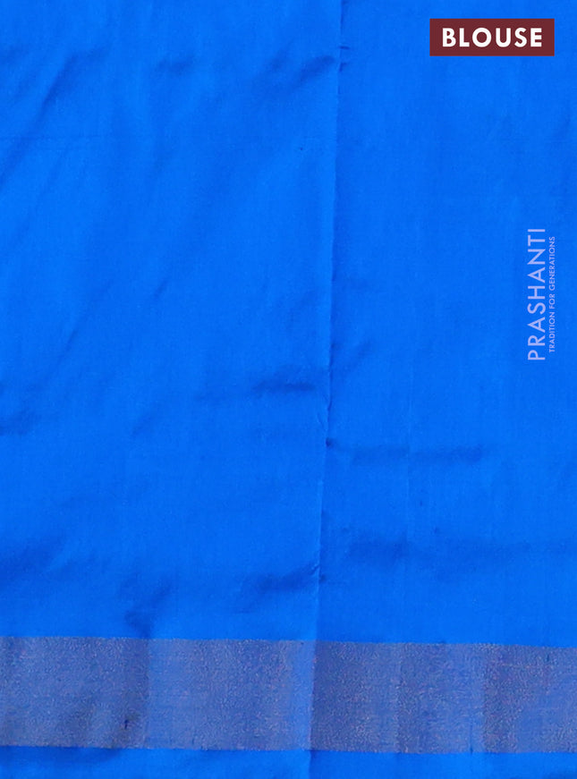 Pochampally silk saree red and cs blue with allover ikat butta weaves and ikat woven zari border