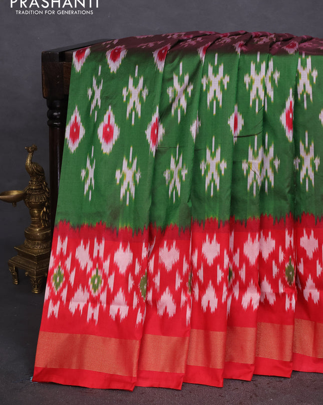 Pochampally silk saree green and red with allover ikat butta weaves and ikat woven zari border