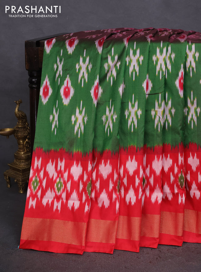 Pochampally silk saree green and red with allover ikat butta weaves and ikat woven zari border
