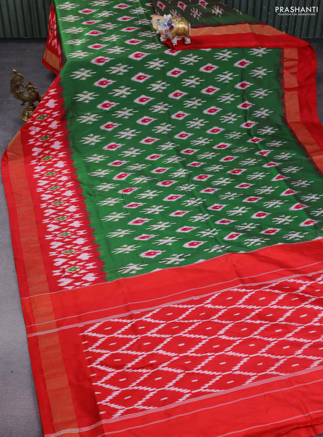 Pochampally silk saree green and red with allover ikat butta weaves and ikat woven zari border