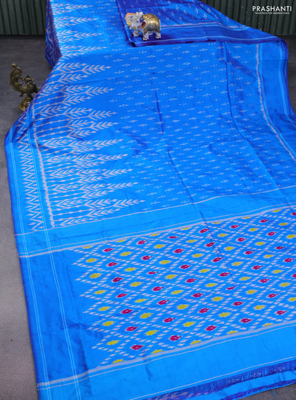 Pochampally silk saree cs blue with allover ikat butta weaves and ikat woven border