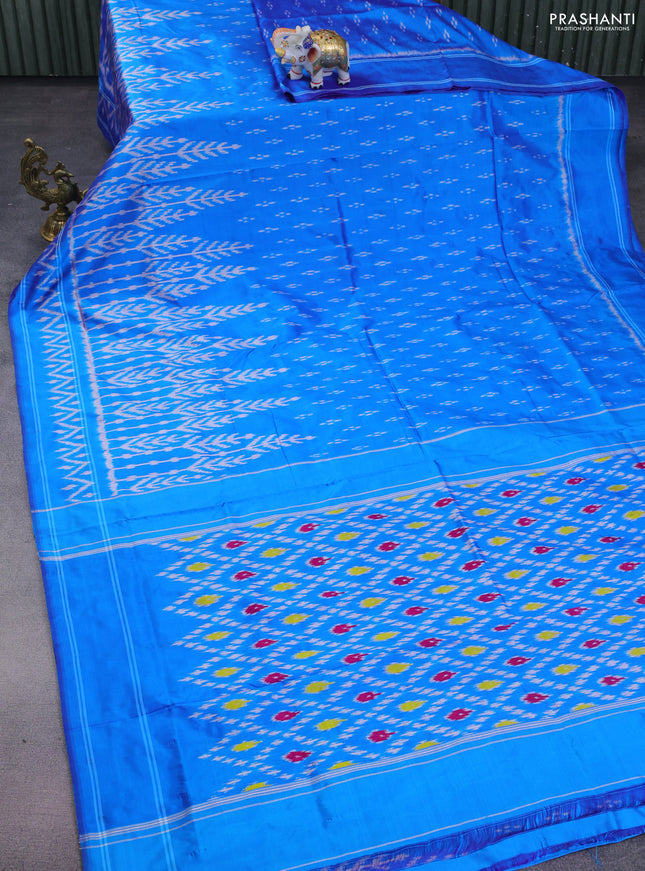 Pochampally silk saree cs blue with allover ikat butta weaves and ikat woven border