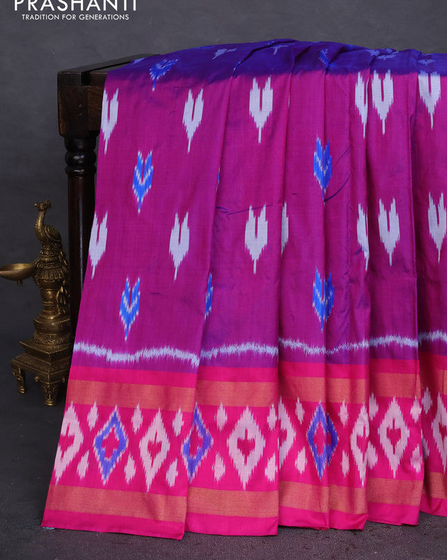 Pochampally silk saree purple and pink with allover ikat butta weaves and long zari woven ikat border