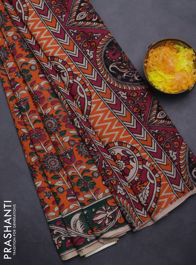 Kalamkari cotton saree orange and dark green with allover prints and printed border