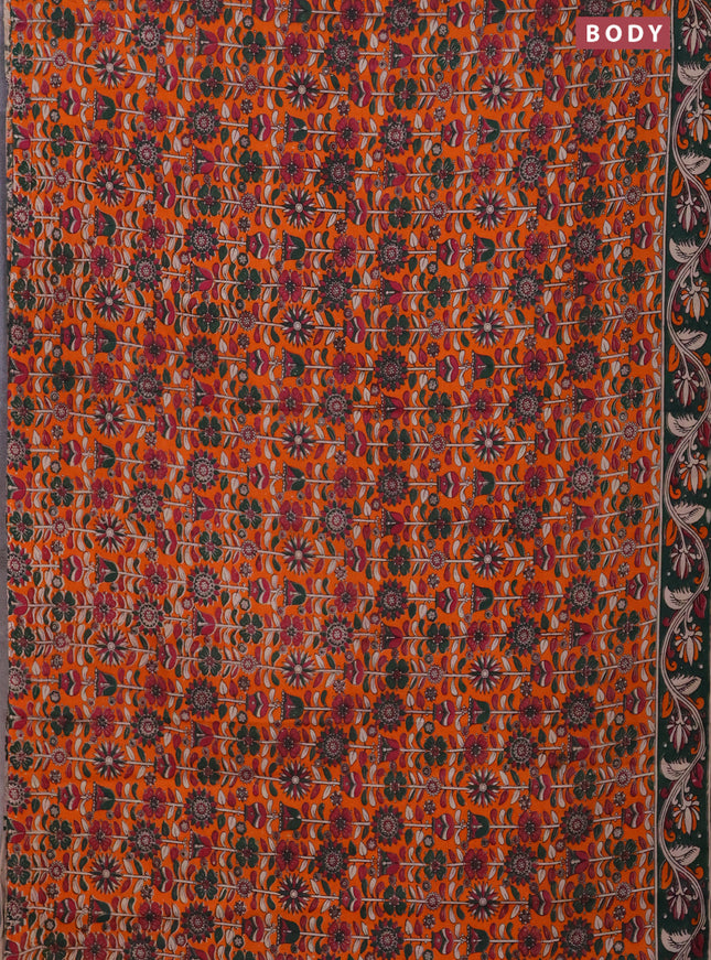 Kalamkari cotton saree orange and dark green with allover prints and printed border