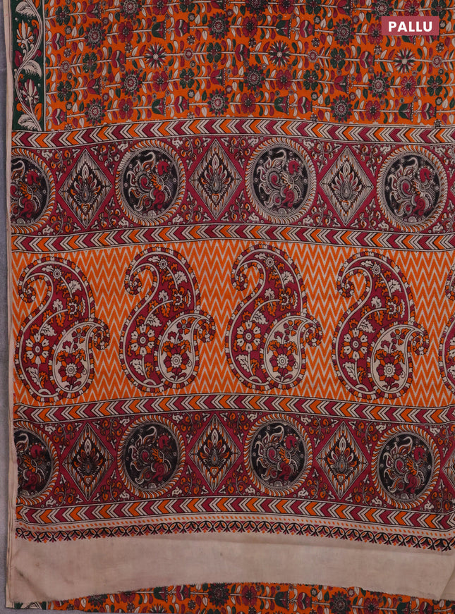 Kalamkari cotton saree orange and dark green with allover prints and printed border