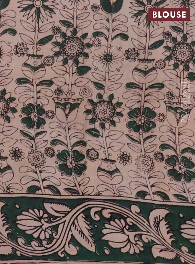 Kalamkari cotton saree orange and dark green with allover prints and printed border