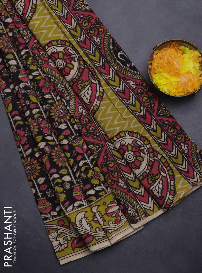 Kalamkari cotton saree black and light green with allover prints and printed border