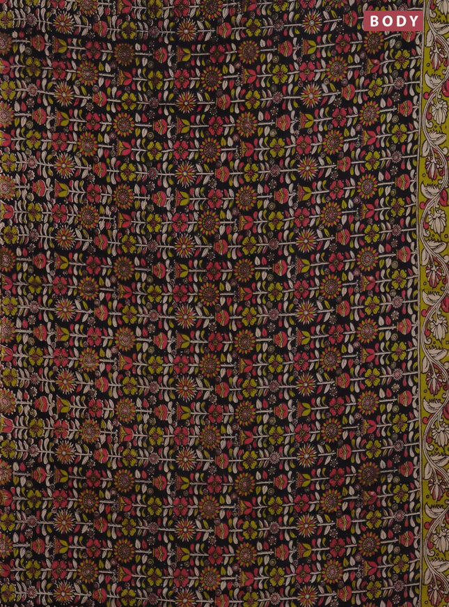 Kalamkari cotton saree black and light green with allover prints and printed border