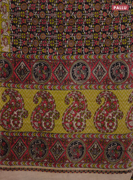 Kalamkari cotton saree black and light green with allover prints and printed border