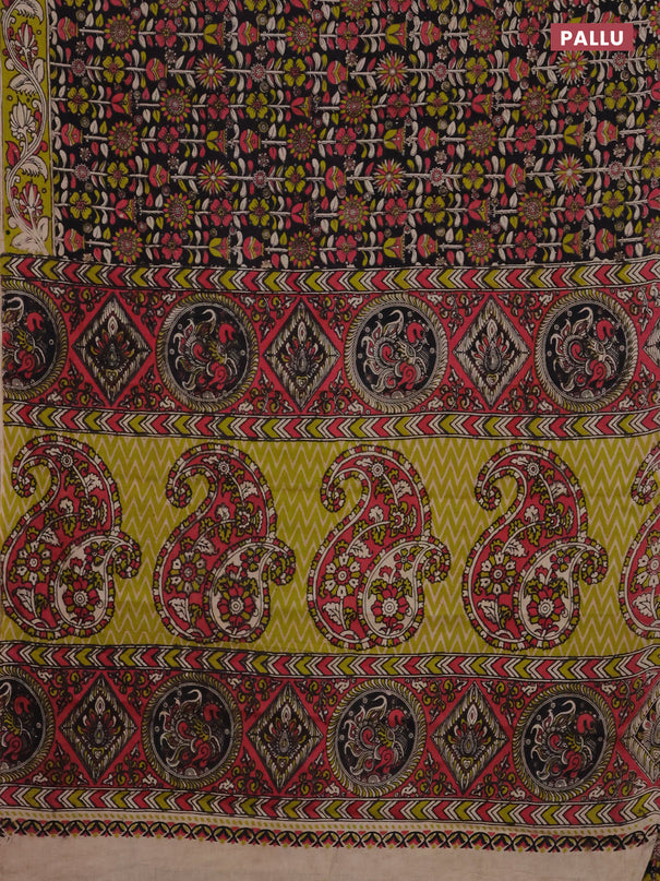 Kalamkari cotton saree black and light green with allover prints and printed border
