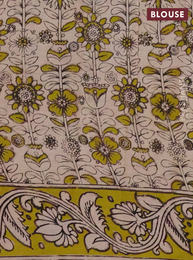 Kalamkari cotton saree black and light green with allover prints and printed border