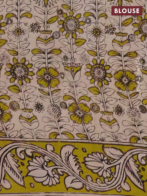 Kalamkari cotton saree black and light green with allover prints and printed border