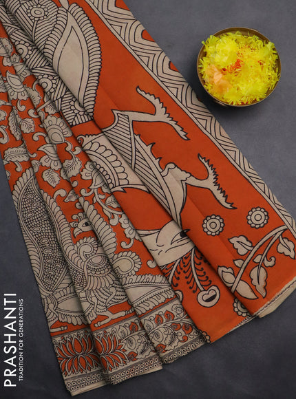 Kalamkari cotton saree orange and beige with allover prints and printed border