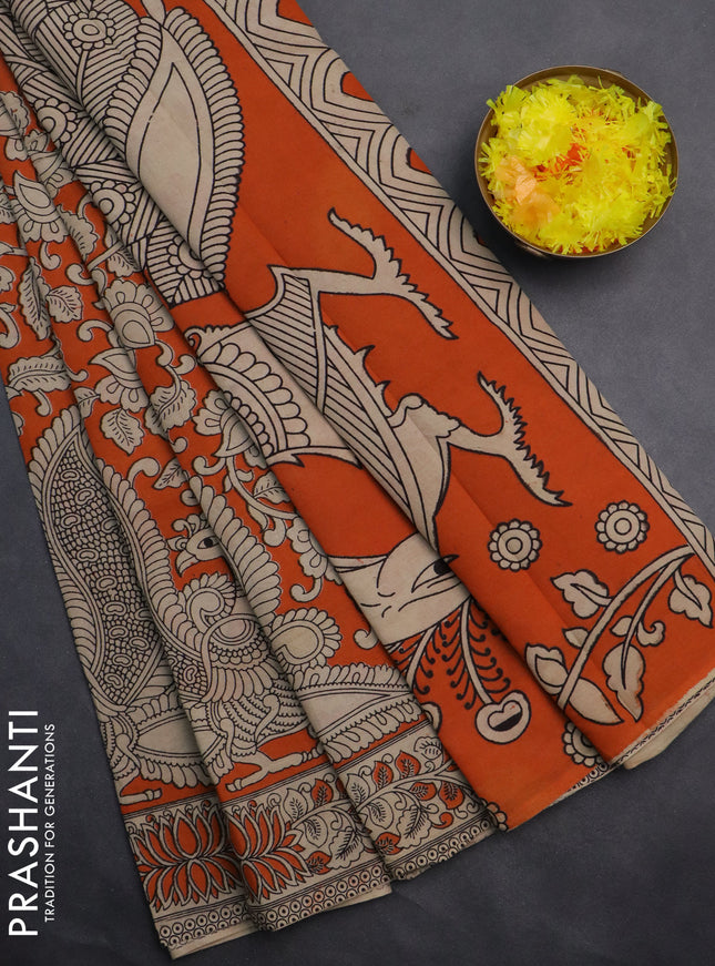 Kalamkari cotton saree orange and beige with allover prints and printed border