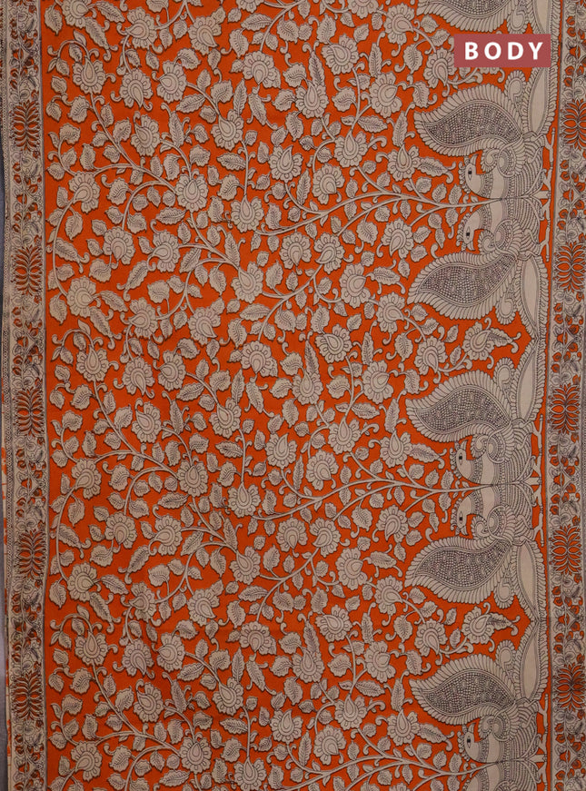 Kalamkari cotton saree orange and beige with allover prints and printed border