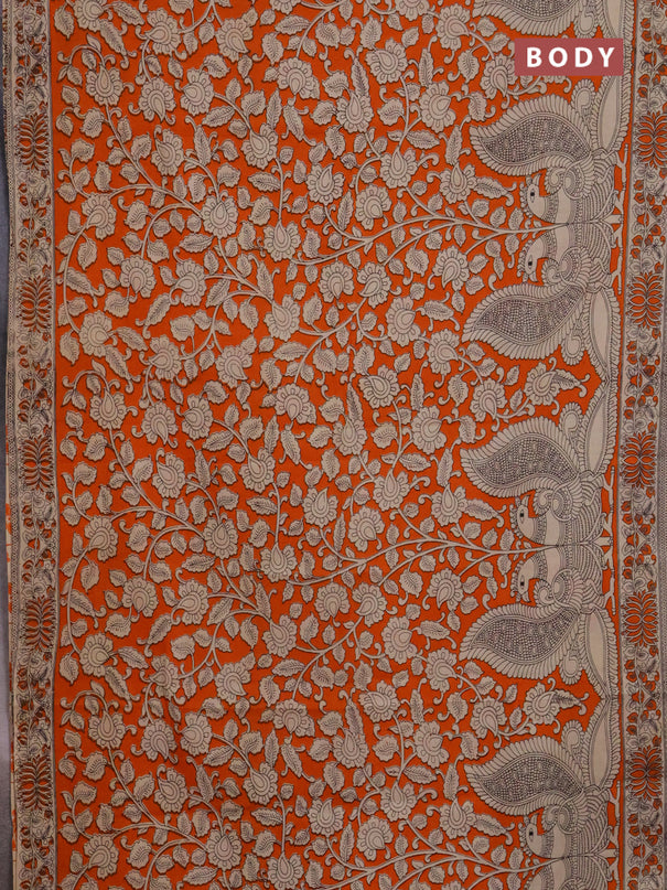 Kalamkari cotton saree orange and beige with allover prints and printed border