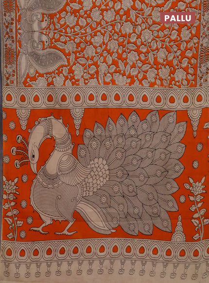 Kalamkari cotton saree orange and beige with allover prints and printed border
