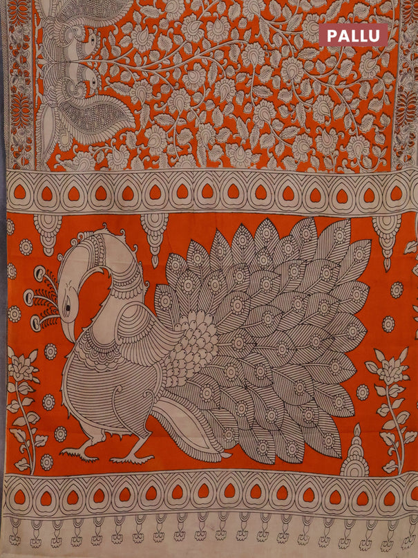 Kalamkari cotton saree orange and beige with allover prints and printed border