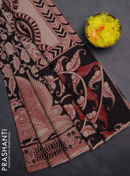 Kalamkari cotton saree black and beige with allover prints and printed border