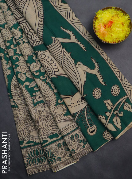 Kalamkari cotton saree green and beige with allover prints and printed border