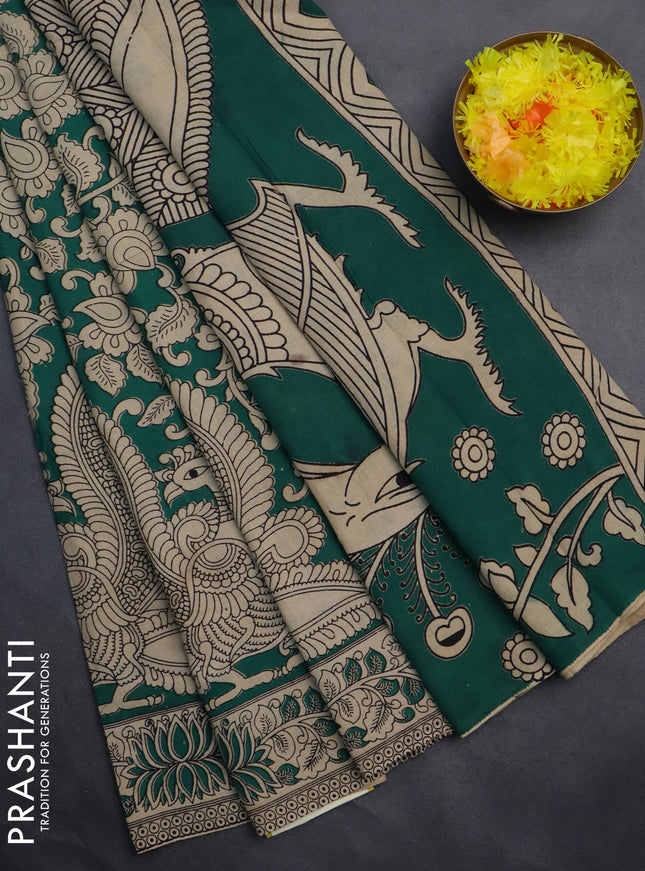 Kalamkari cotton saree green and beige with allover prints and printed border