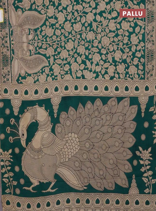 Kalamkari cotton saree green and beige with allover prints and printed border