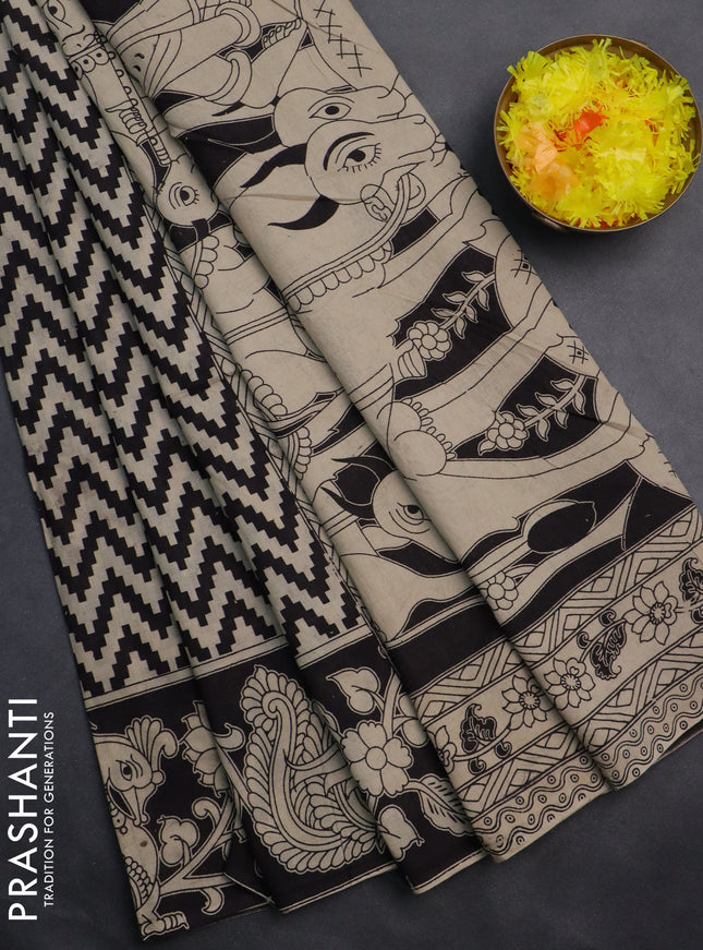 Kalamkari cotton saree beige and black with allover zig zag prints and printed border