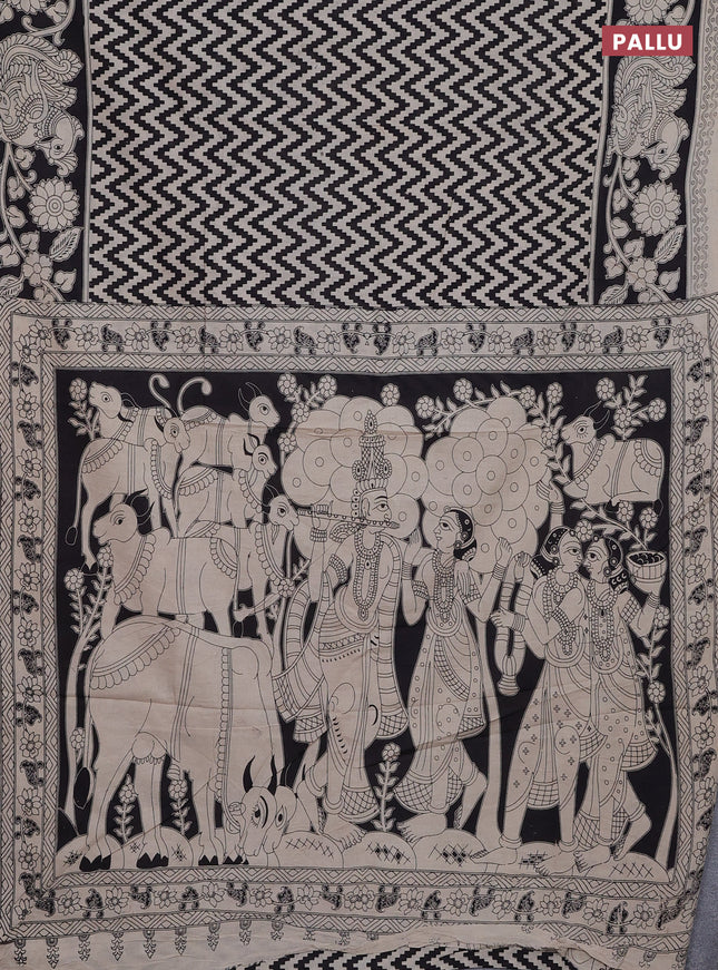 Kalamkari cotton saree beige and black with allover zig zag prints and printed border