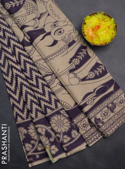 Kalamkari cotton saree beige and violet with allover zig zag prints and printed border