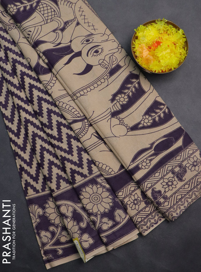 Kalamkari cotton saree beige and violet with allover zig zag prints and printed border