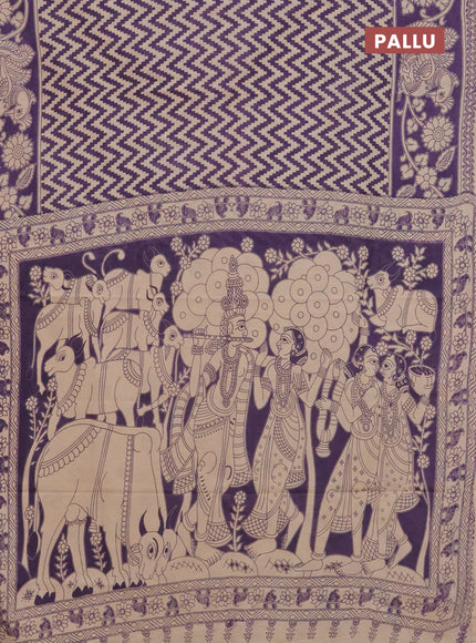 Kalamkari cotton saree beige and violet with allover zig zag prints and printed border