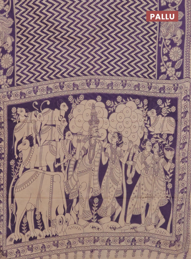 Kalamkari cotton saree beige and violet with allover zig zag prints and printed border