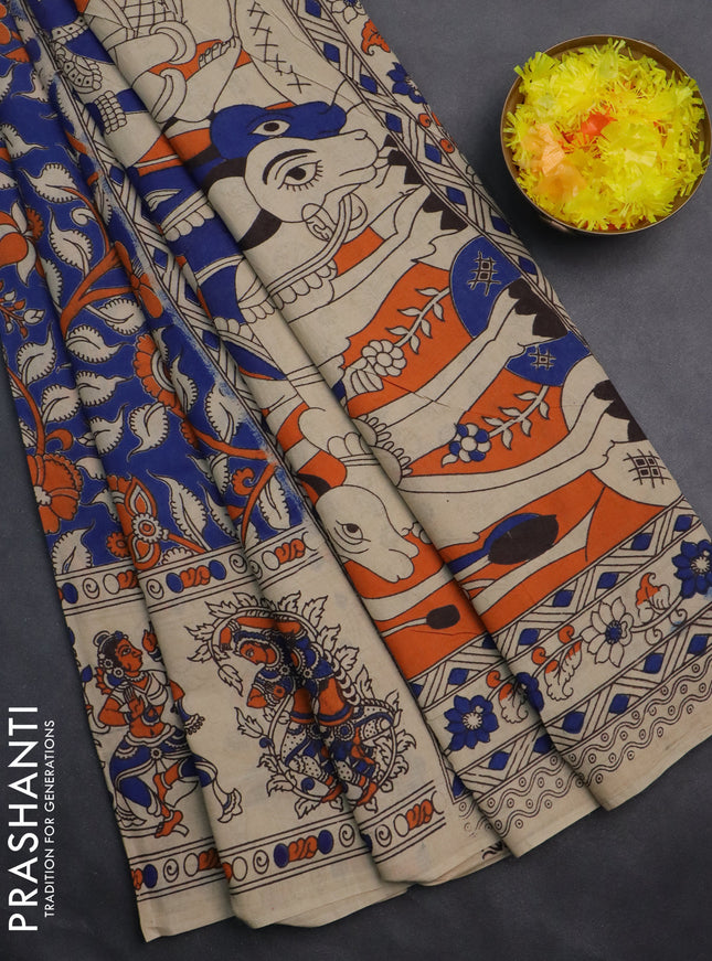 Kalamkari cotton saree blue and beige with allover prints and printed border