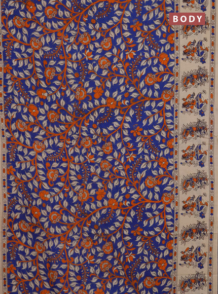 Kalamkari cotton saree blue and beige with allover prints and printed border