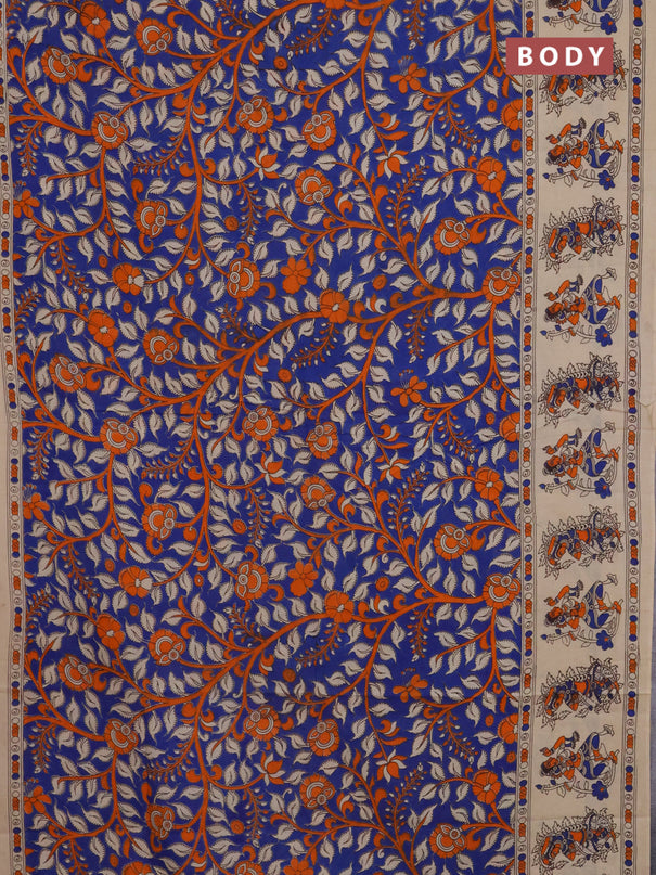 Kalamkari cotton saree blue and beige with allover prints and printed border