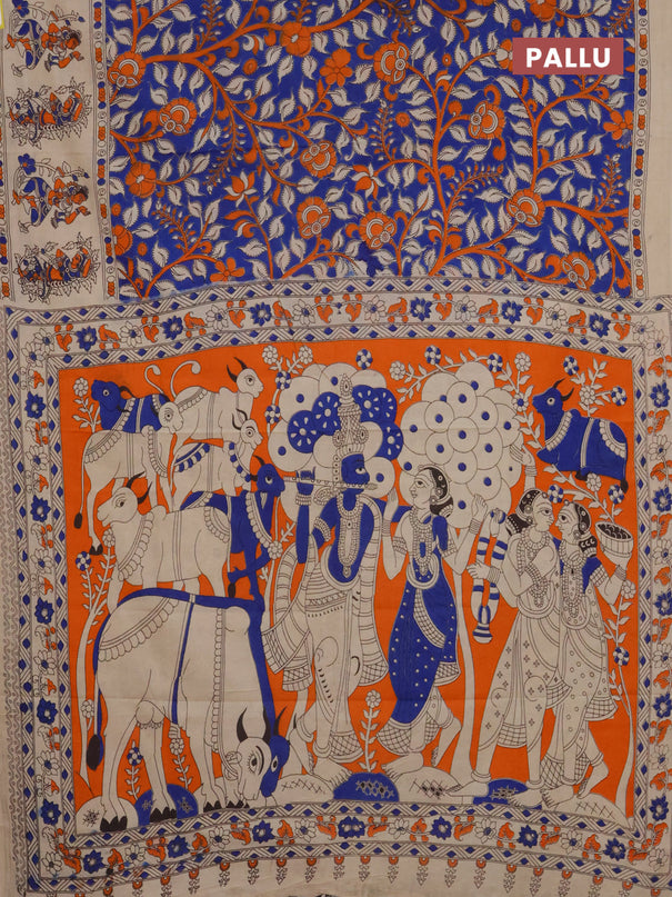 Kalamkari cotton saree blue and beige with allover prints and printed border