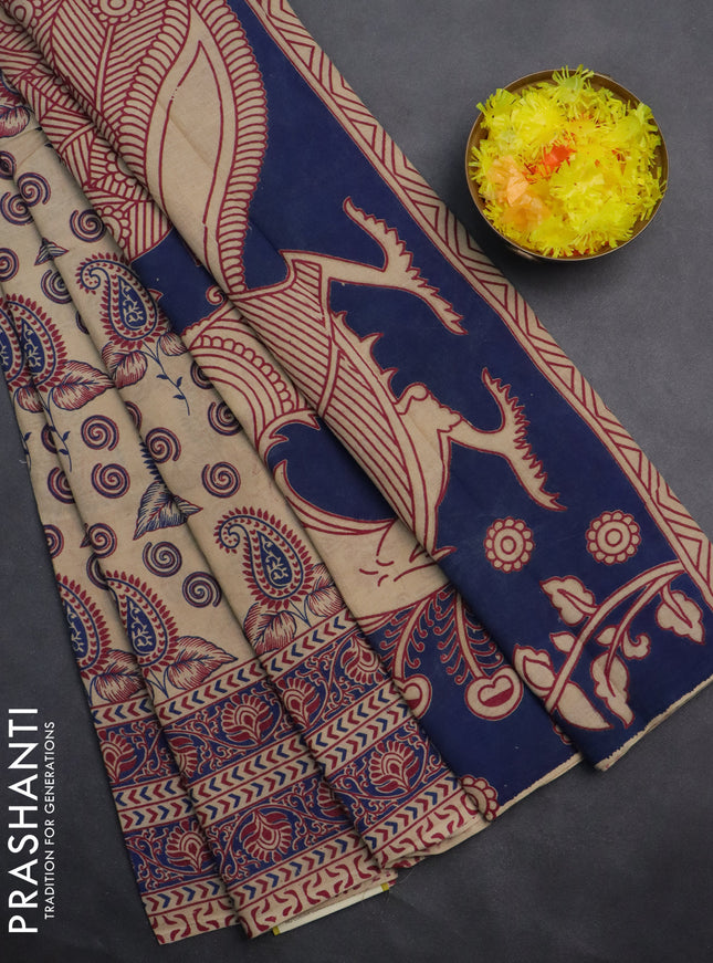 Kalamkari cotton saree beige and blue with allover prints and printed border
