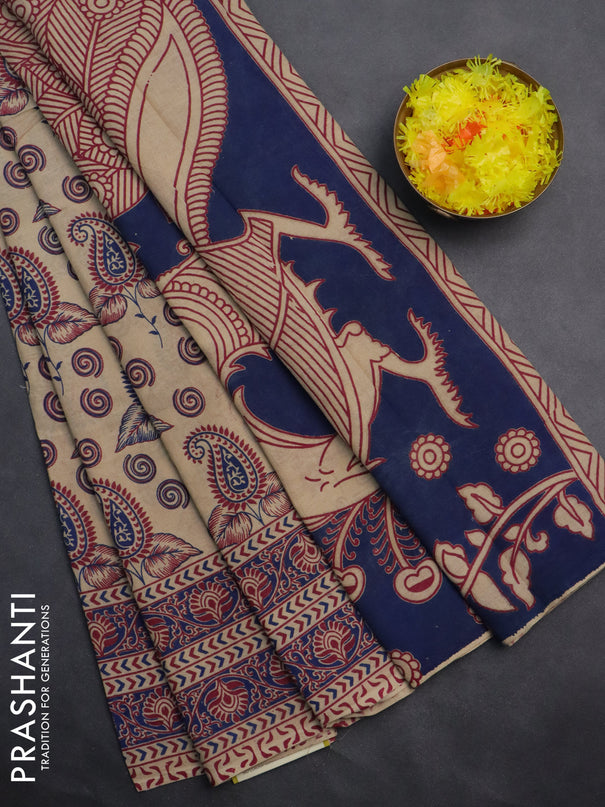 Kalamkari cotton saree beige and blue with allover prints and printed border