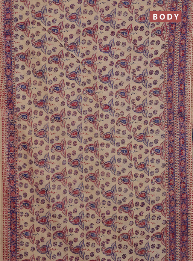Kalamkari cotton saree beige and blue with allover prints and printed border