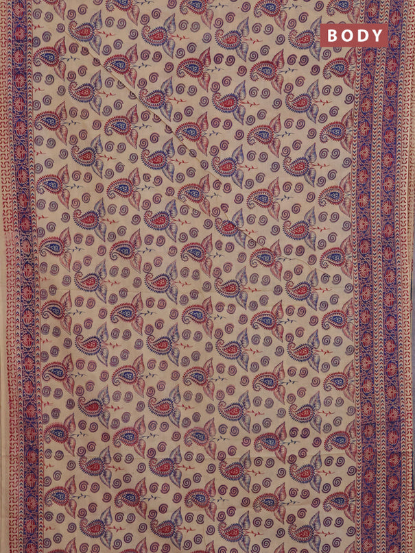 Kalamkari cotton saree beige and blue with allover prints and printed border